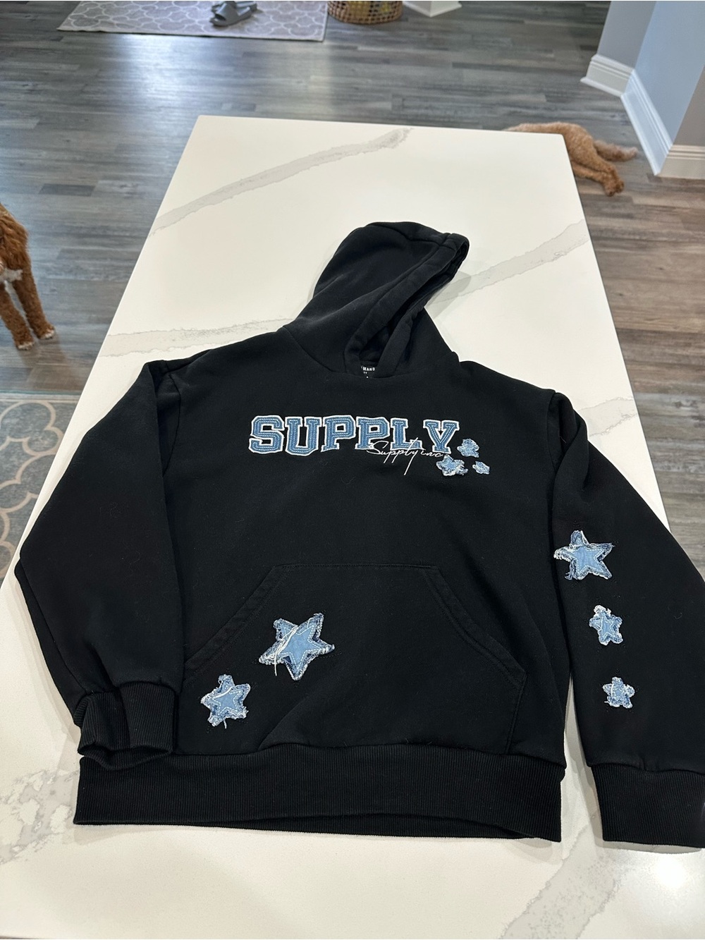 Kids Black Hoodie with Denim Star Appliqués and 'SUPPLY' Logo
